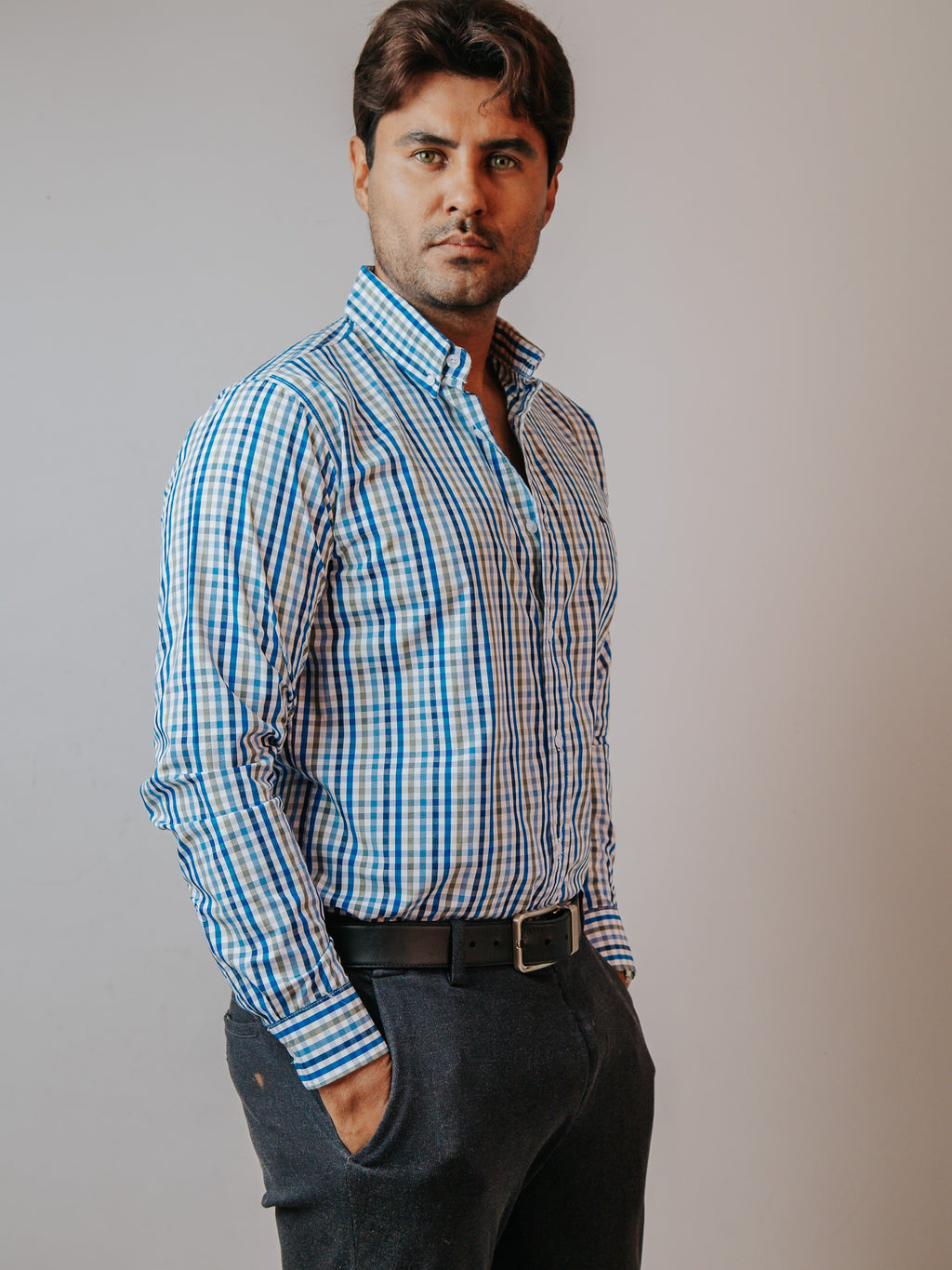 Camisa Hombre Casual Cuadros Azul Cielo Gris y Azul Marino