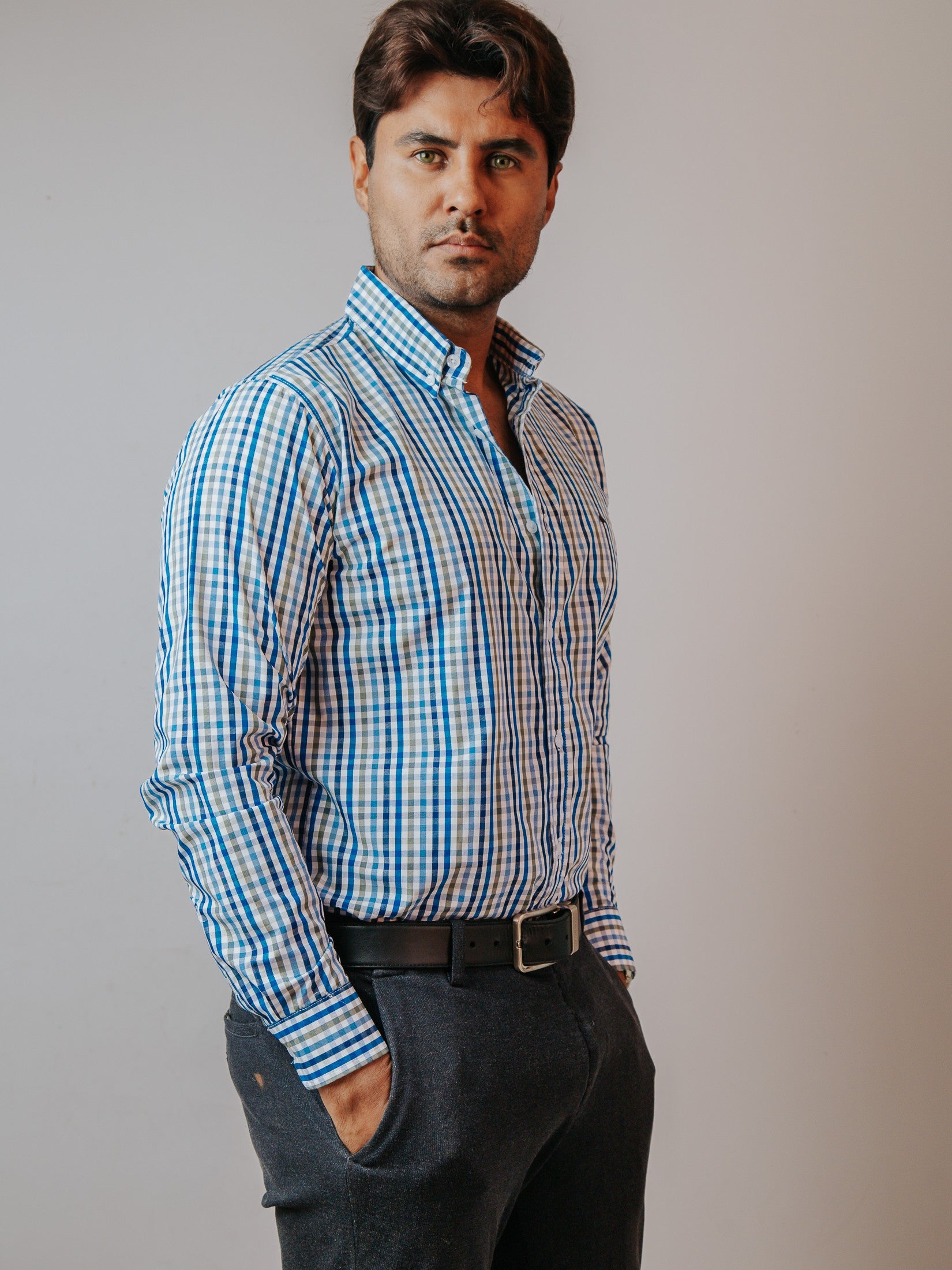 Camisa Hombre Casual Cuadros Azul Cielo Gris y Azul Marino