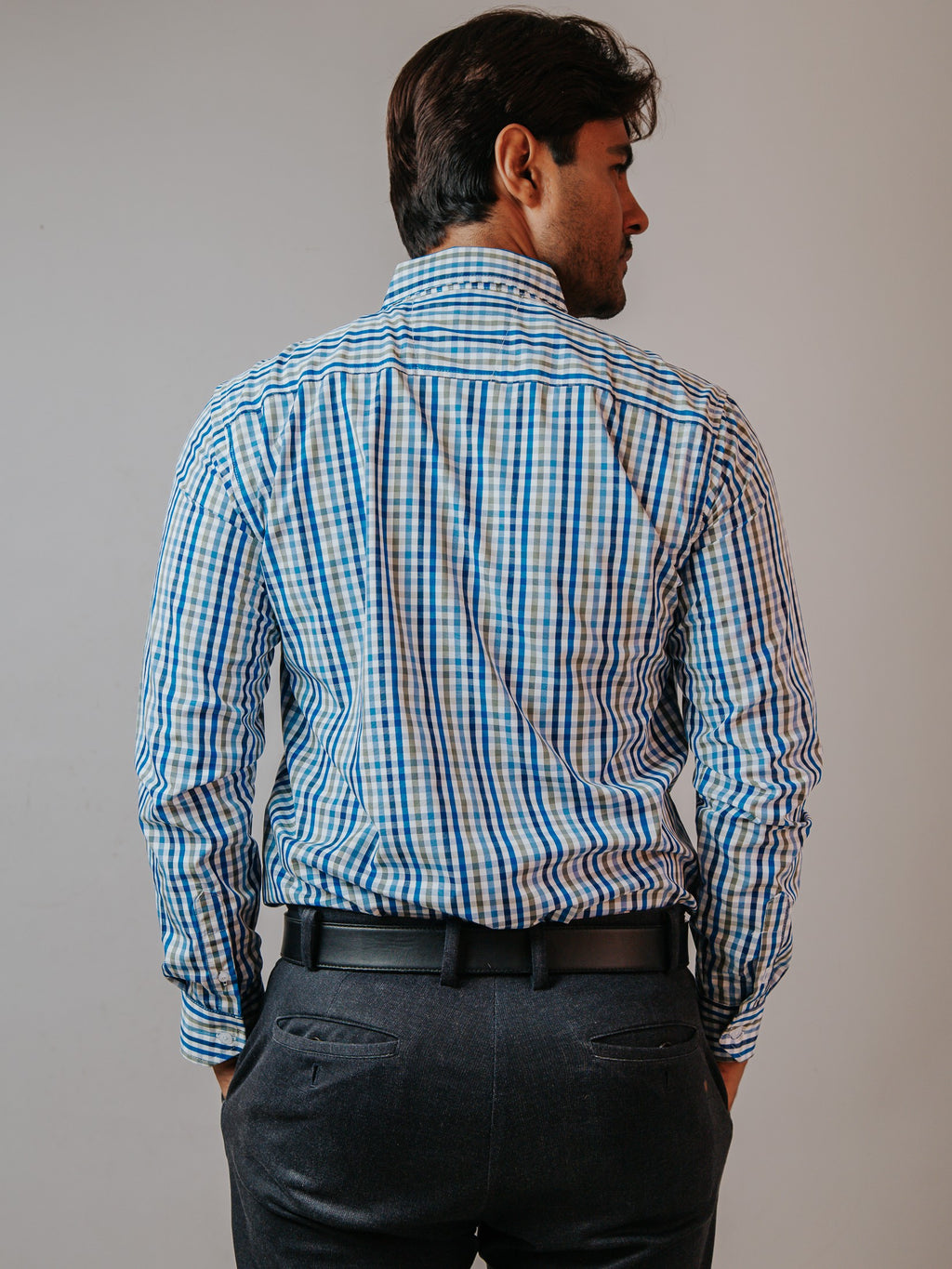 Camisa Hombre Casual Cuadros Azul Cielo Gris y Azul Marino