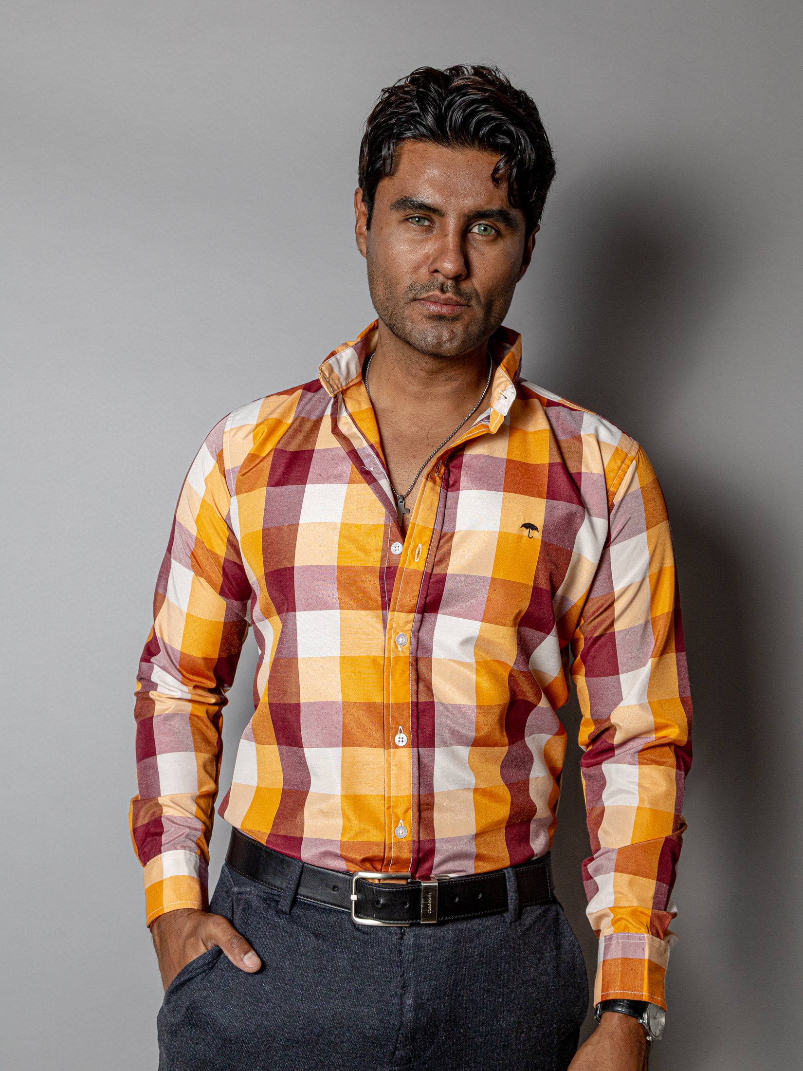 Camisa Hombre Casual Cuadros Amarillo Vino y Blanco - Tiendas Platino Camisas Hombre 34 (S)