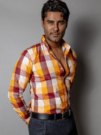 Camisa Hombre Casual Cuadros Amarillo Vino y Blanco - Tiendas Platino Camisas Hombre 34 (S)