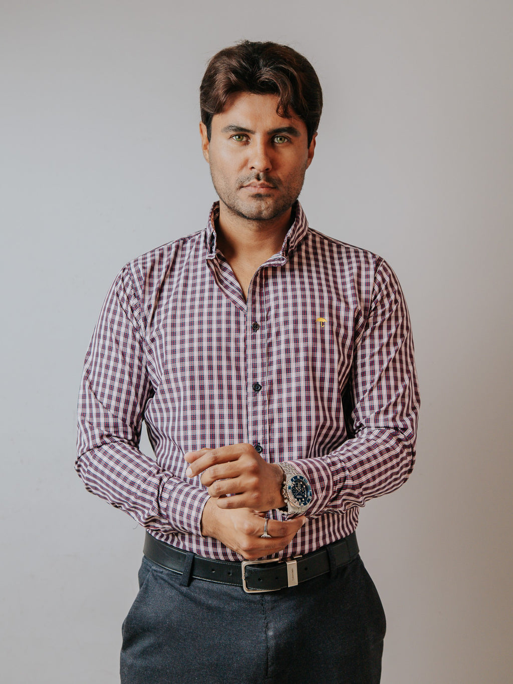 Camisa Hombre Casual Minicuadro Rojo Azul Marino y Blanco