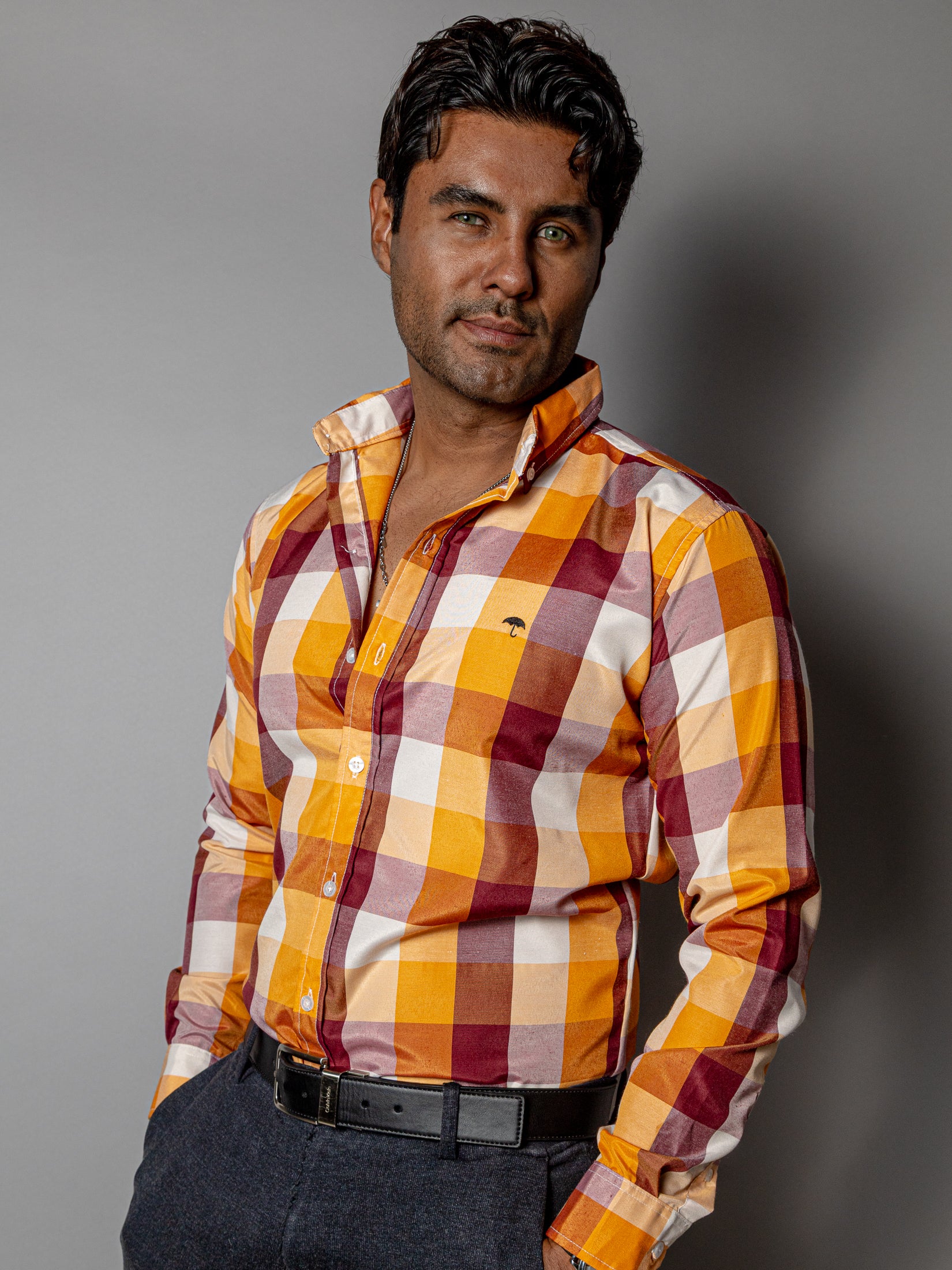 Camisa Hombre Casual Cuadros Amarillo Vino y Blanco - Tiendas Platino Camisas Hombre 34 (S)