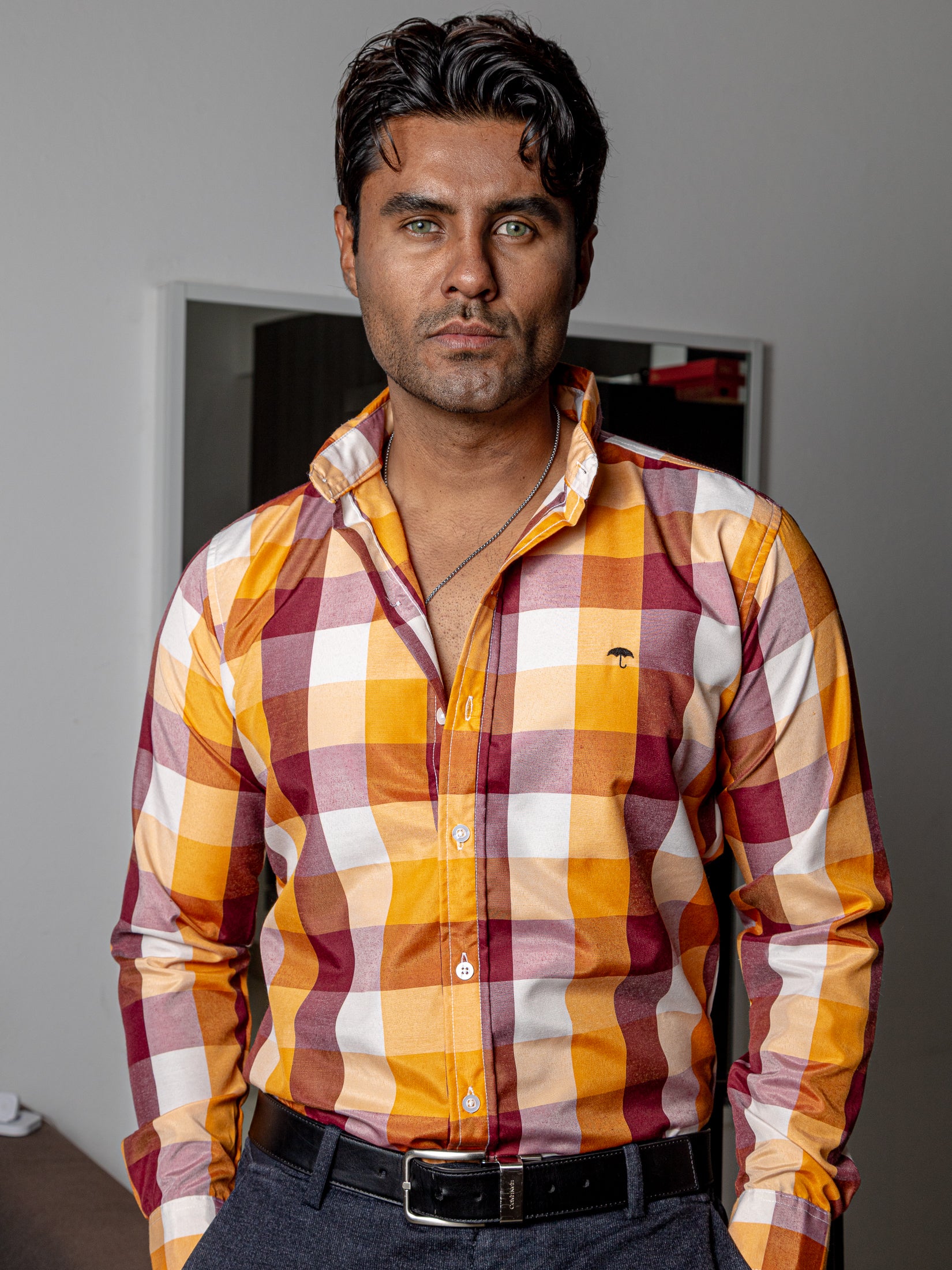 Camisa Hombre Casual Cuadros Amarillo Vino y Blanco - Tiendas Platino Camisas Hombre 34 (S)