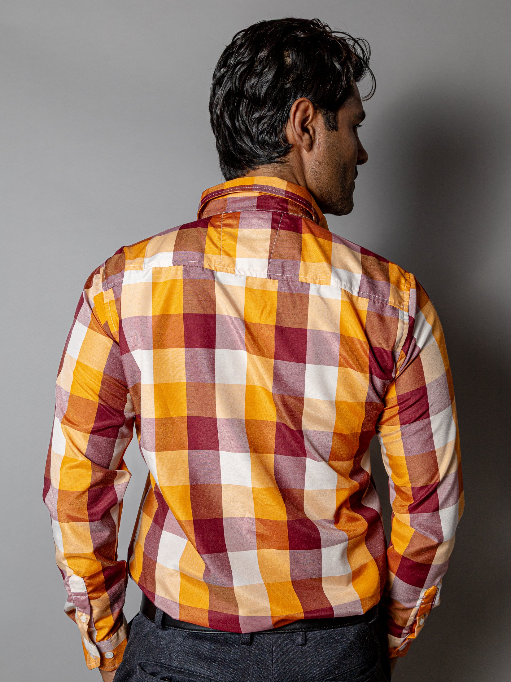 Camisa Hombre Casual Cuadros Amarillo Vino y Blanco - Tiendas Platino Camisas Hombre 34 (S)