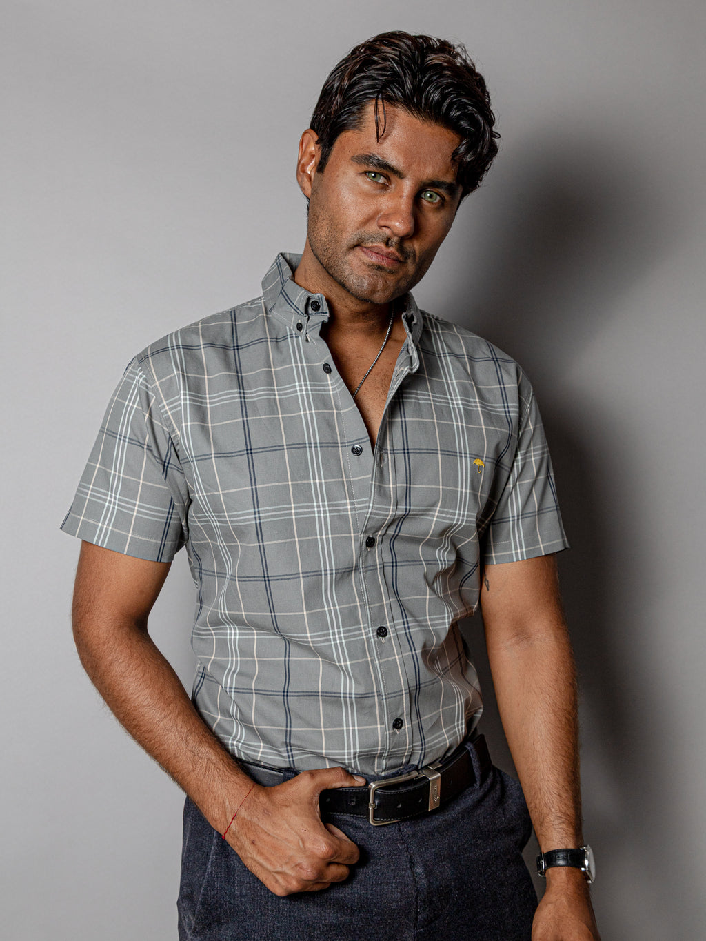 Camisa Hombre Casual, Verde Grisáceo Líneas