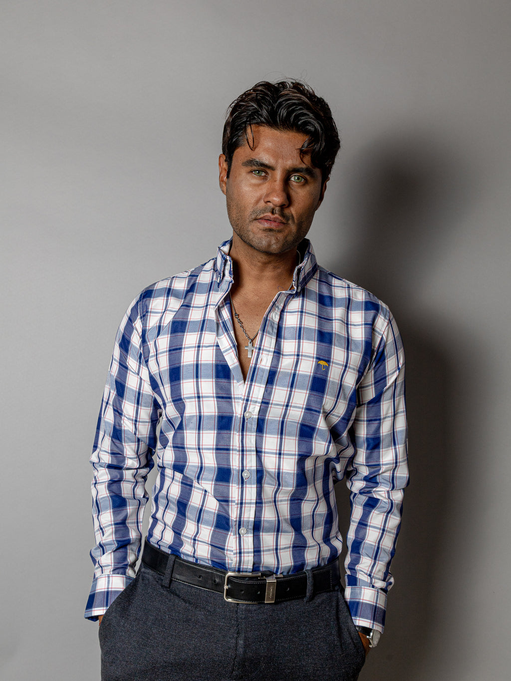 Camisa Hombre Casual Cuadros Blancos, Azul Marino - 34 (S)-Tiendas Platino