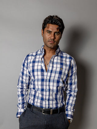 Camisa Hombre Casual Cuadros Blancos, Azul Marino