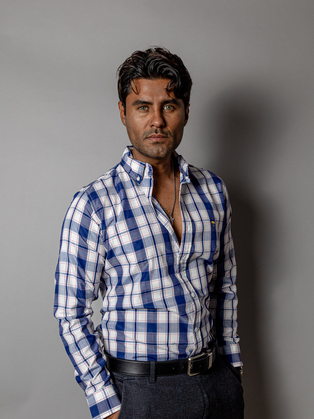Camisa Hombre Casual Cuadros Blancos, Azul Marino - 34 (S)-Tiendas Platino