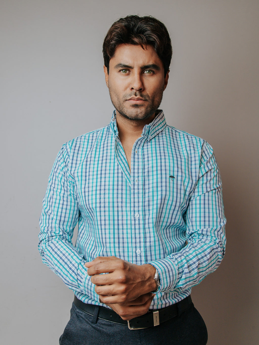 Camisa Hombre Casual Minicuadros Azul Gris y Verde