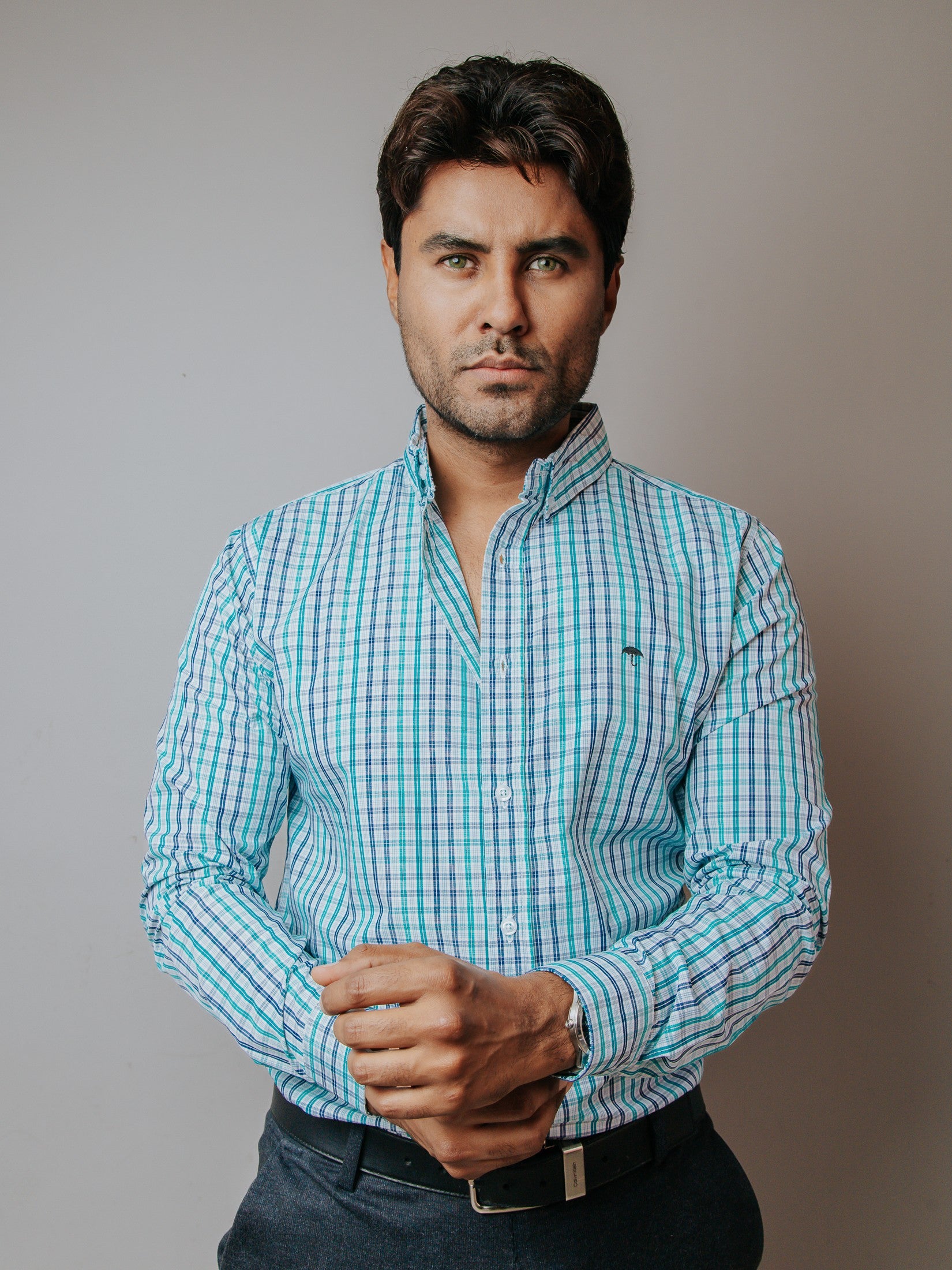 Camisa Hombre Casual Minicuadros Azul Gris y Verde