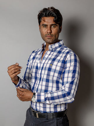 Camisa Hombre Casual Cuadros Blancos, Azul Marino