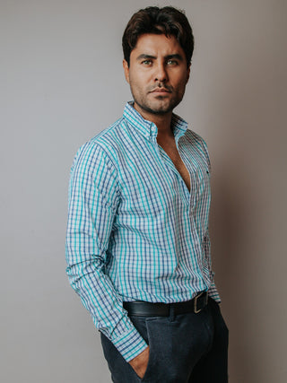 Camisa Hombre Casual Minicuadros Azul Gris y Verde