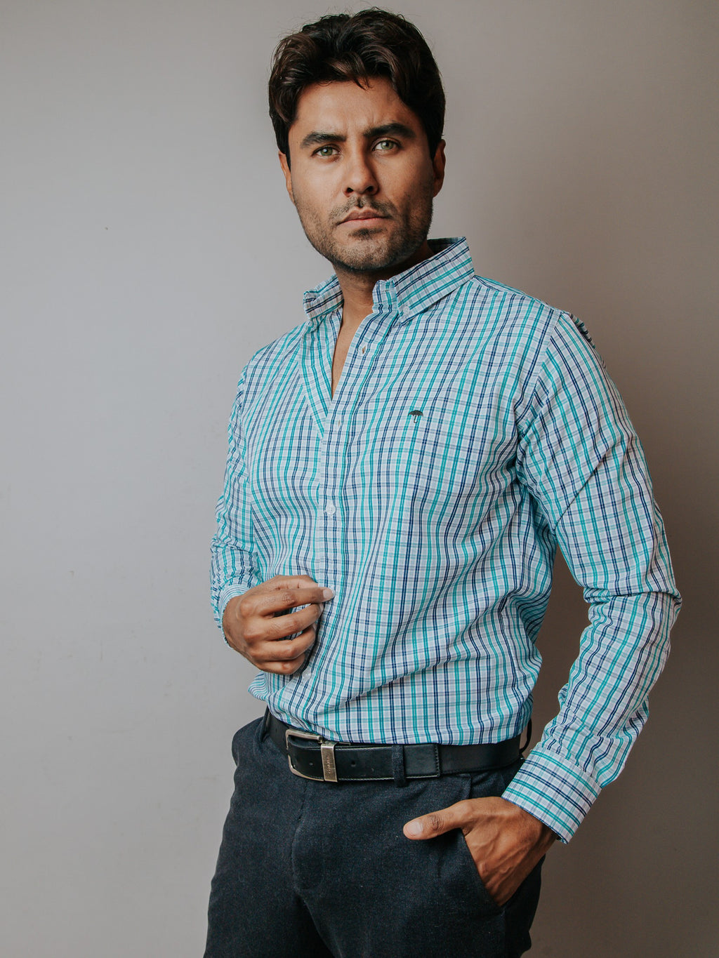 Camisa Hombre Casual Minicuadros Azul Gris y Verde