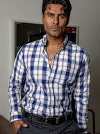 Camisa Hombre Casual Cuadros Blancos, Azul Marino - 34 (S)-Tiendas Platino