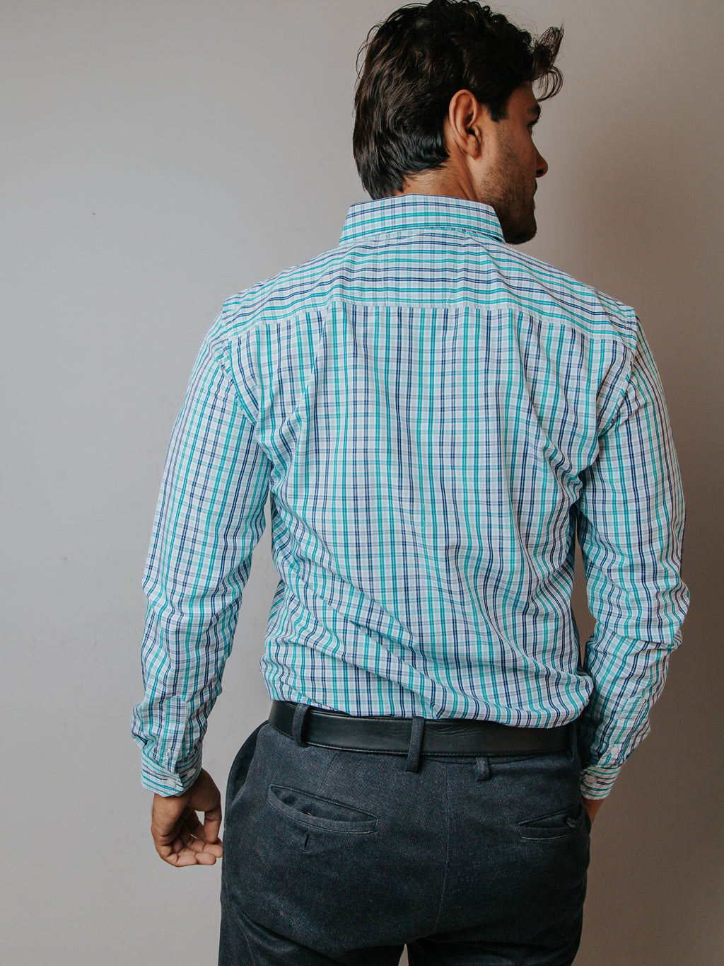Camisa Hombre Casual Minicuadros Azul Gris y Verde