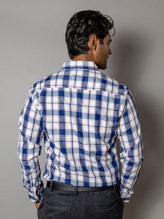 Camisa Hombre Casual Cuadros Blancos, Azul Marino