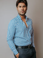 Camisa Hombre Casual Cuadros Azul Grisáceo