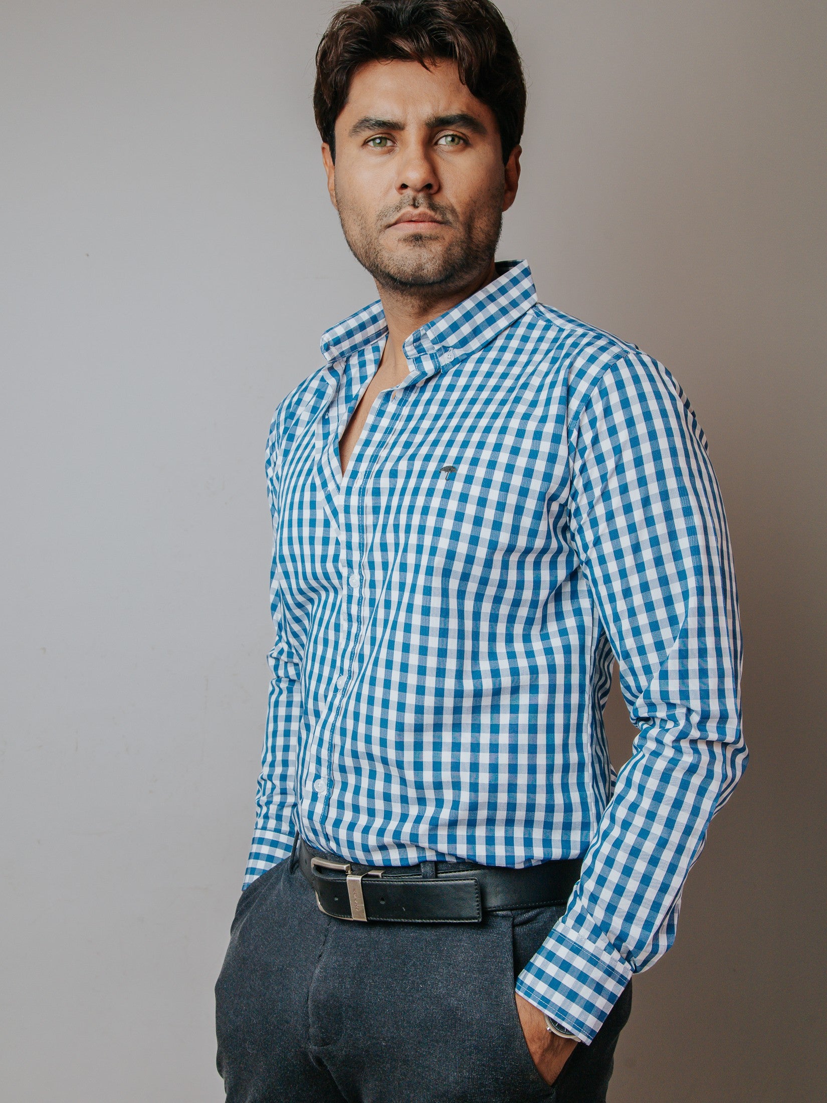 Camisa Hombre Casual Cuadros Azul Grisáceo