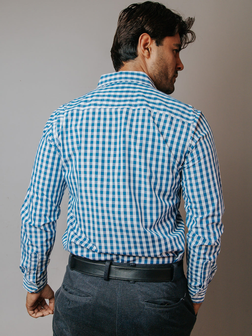 Camisa Hombre Casual Cuadros Azul Grisáceo