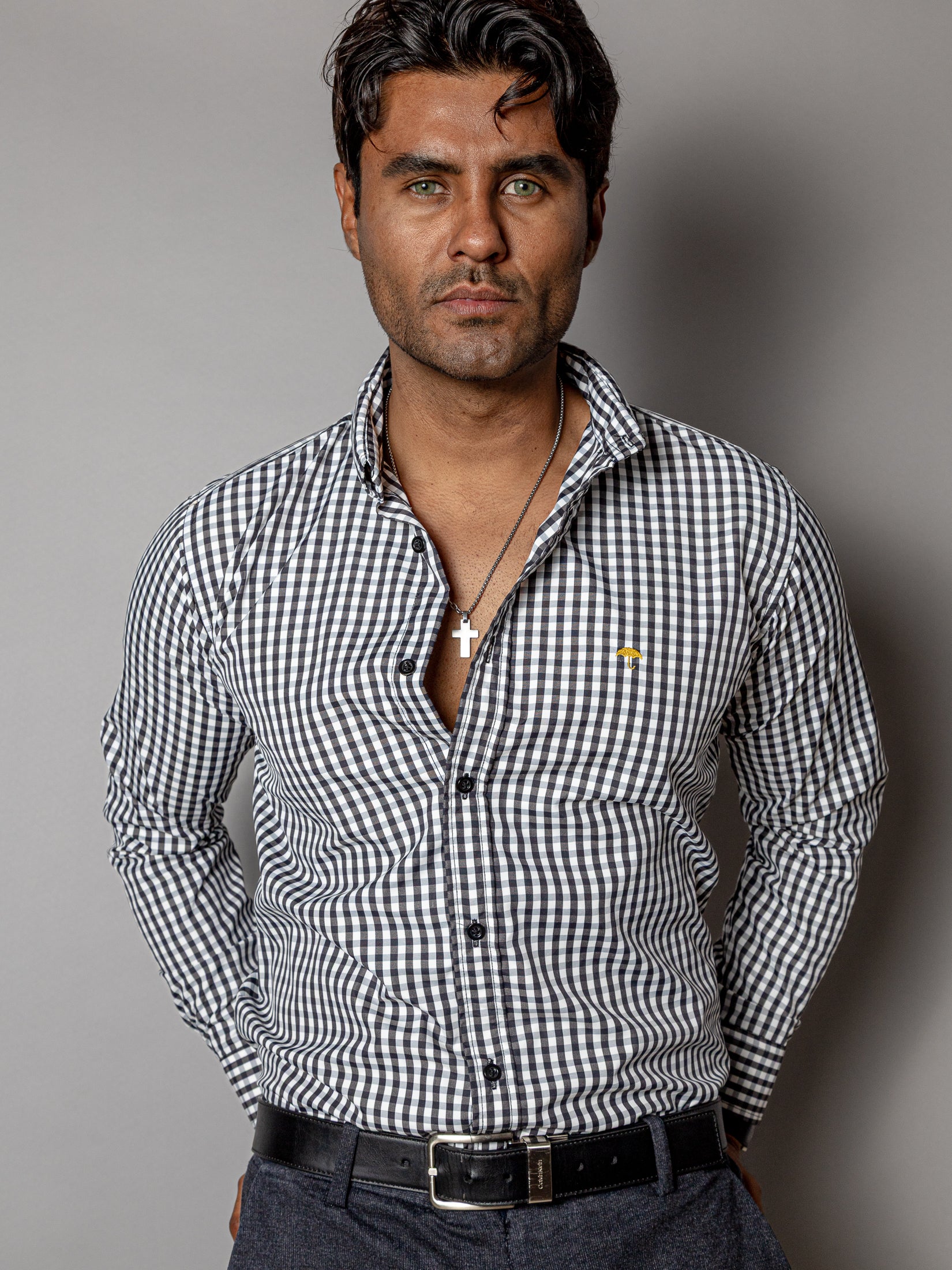 Camisa Hombre Casual Regular Fit Mini Cuadros Negro y Blanco - 34 (S)-Tiendas Platino