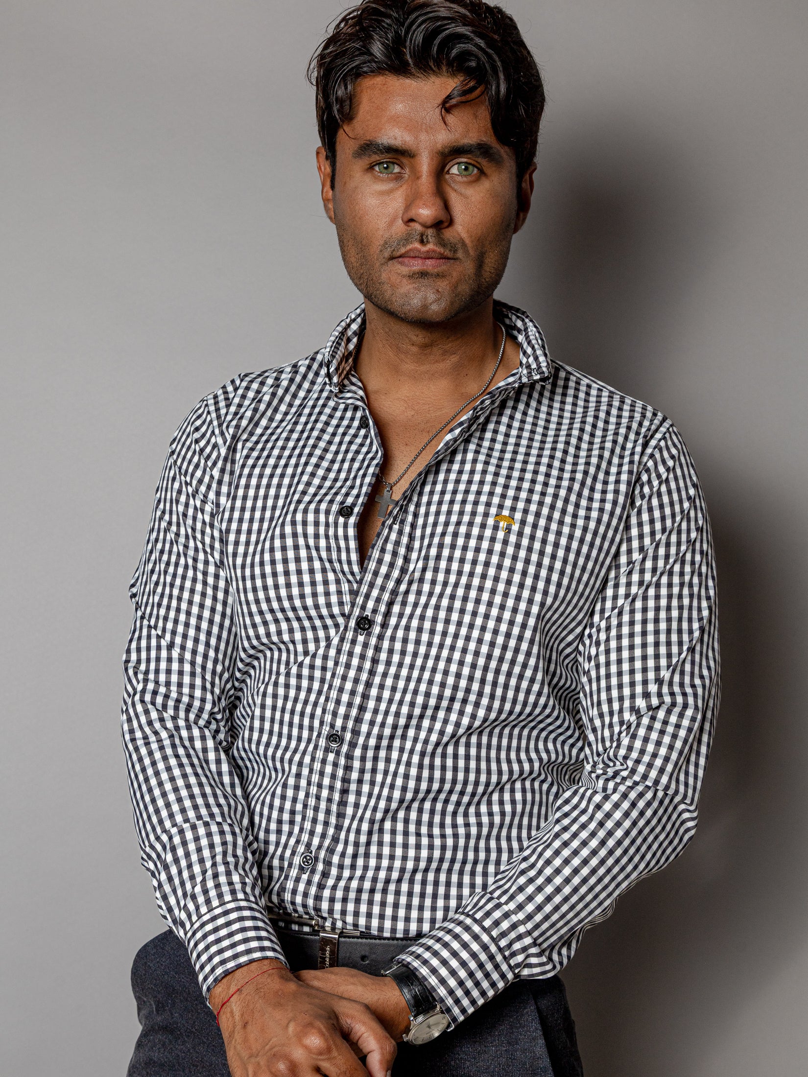 Camisa Hombre Casual Regular Fit Mini Cuadros Negro y Blanco - 34 (S)-Tiendas Platino