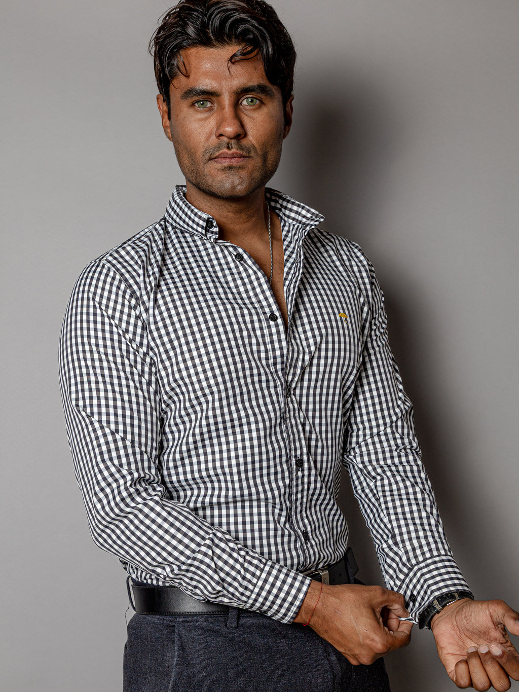 Camisa Hombre Casual Regular Fit Mini Cuadros Negro y Blanco - 34 (S)-Tiendas Platino