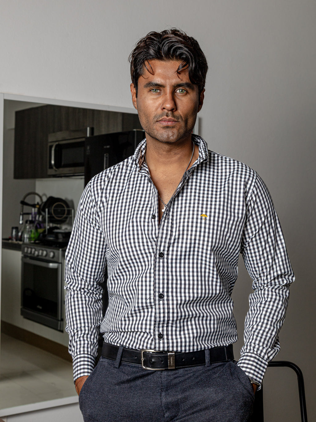 Camisa Hombre Casual Regular Fit Mini Cuadros Negro y Blanco - 34 (S)-Tiendas Platino