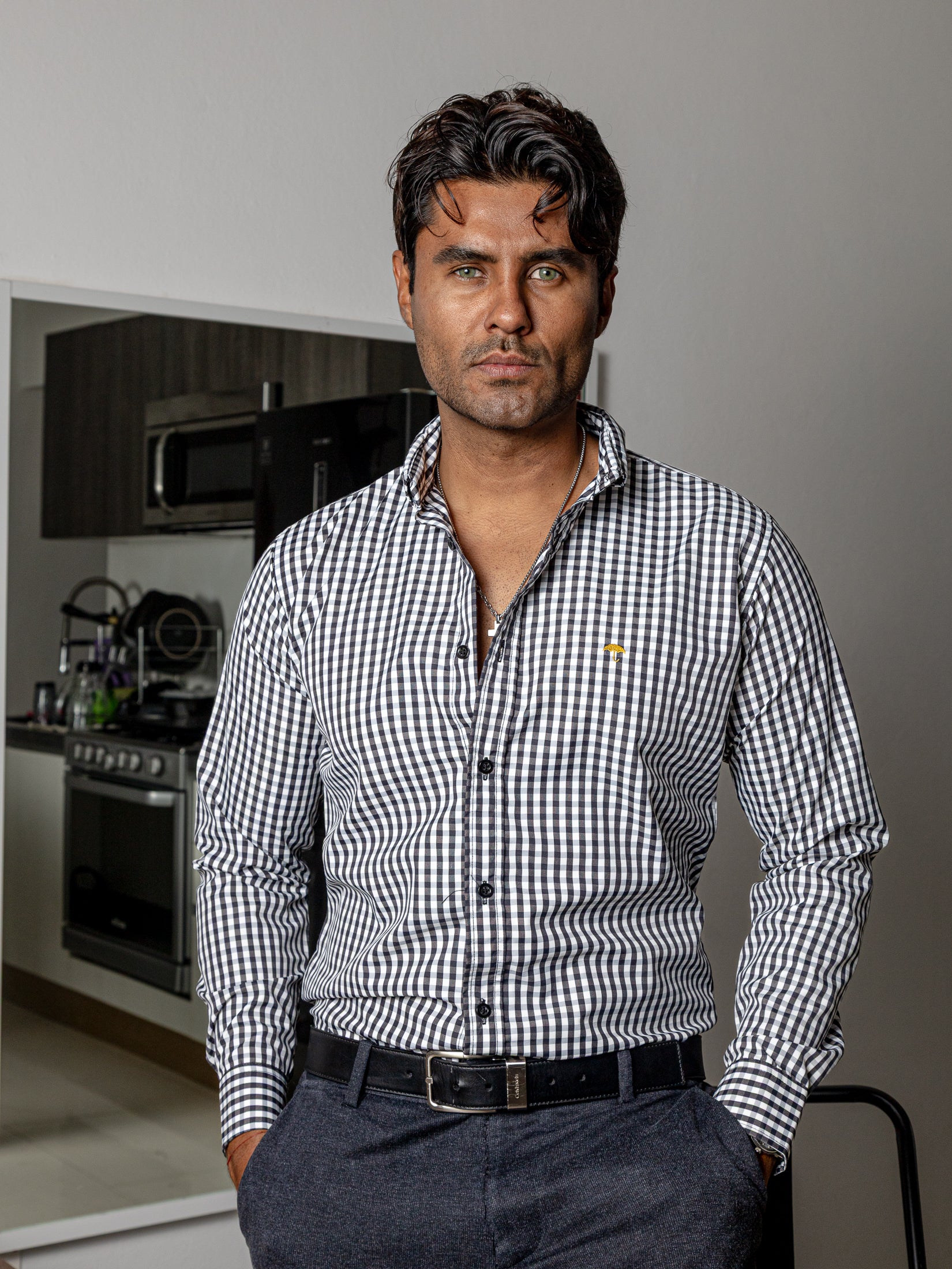 Camisa Hombre Casual Regular Fit Mini Cuadros Negro y Blanco - 34 (S)-Tiendas Platino