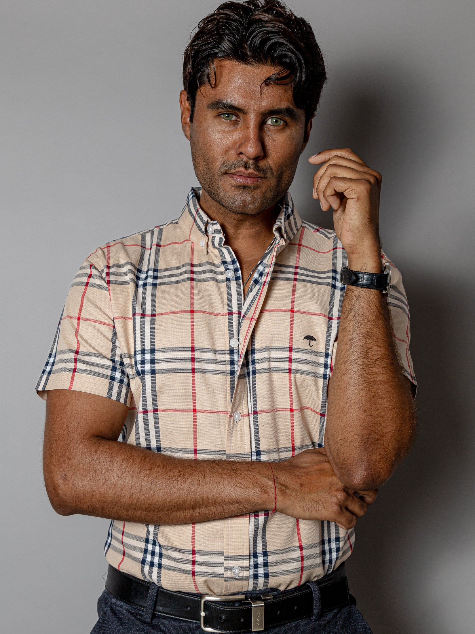 Camisa Casual Hombre Beige Líneas Rojo Negro y Blanco - 34 (S)-Tiendas Platino