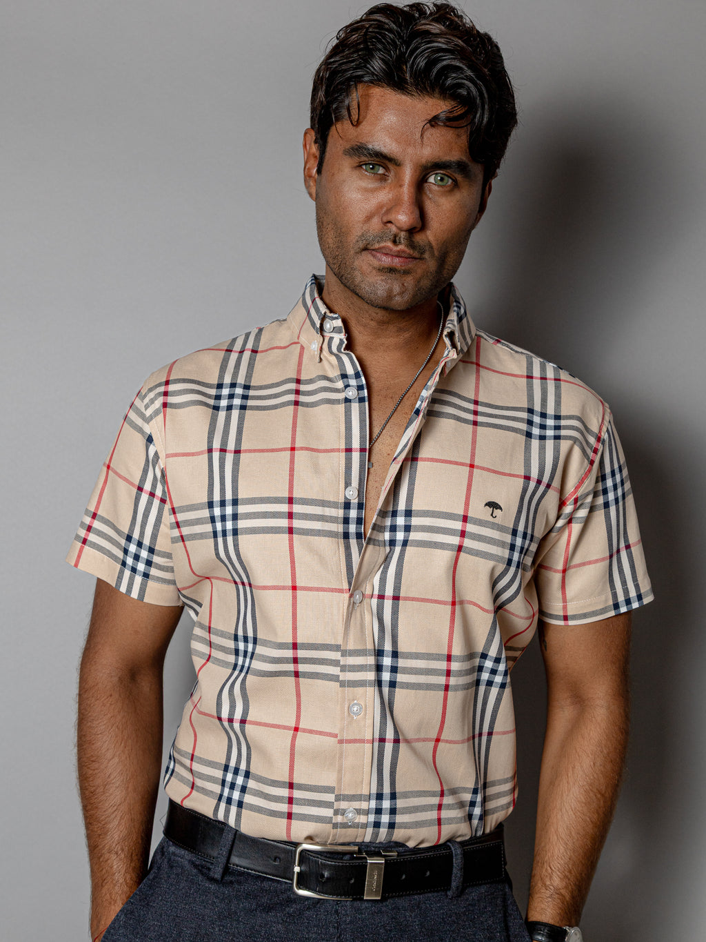 Camisa Casual Hombre Beige Líneas Rojo Negro y Blanco - 34 (S)-Tiendas Platino