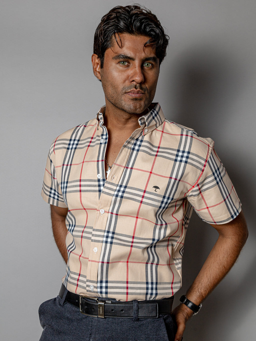 Camisa Casual Hombre Beige Líneas Rojo Negro y Blanco - 34 (S)-Tiendas Platino