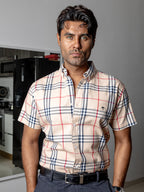 Camisa Casual Hombre Beige Líneas Rojo Negro y Blanco - 34 (S)-Tiendas Platino