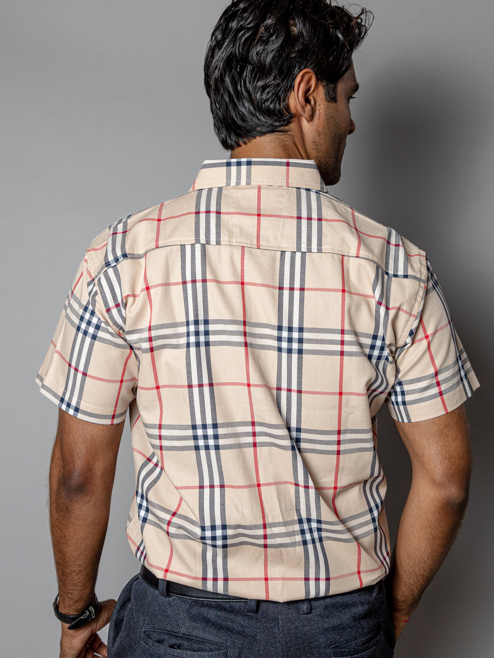 Camisa Casual Hombre Beige Líneas Rojo Negro y Blanco - 34 (S)-Tiendas Platino