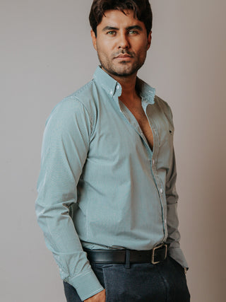 Camisa Hombre Casual Microcuadro Verde