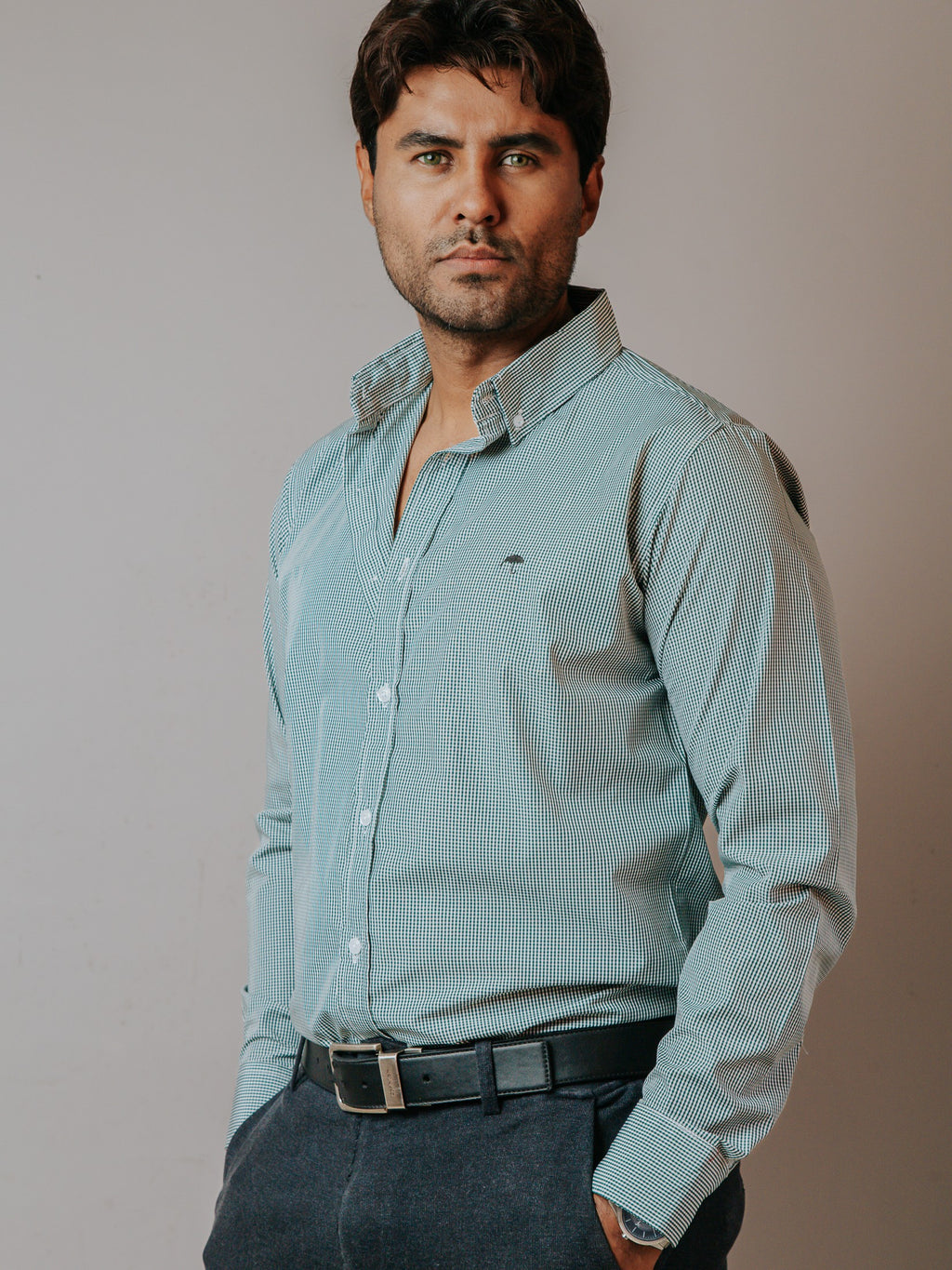 Camisa Hombre Casual Microcuadro Verde