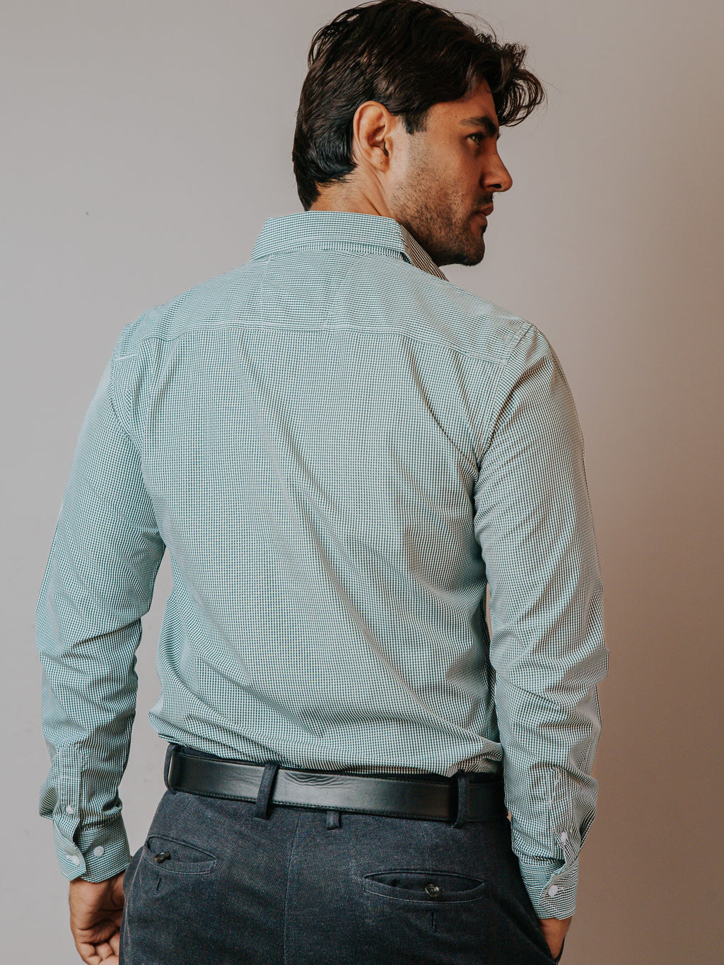Camisa Hombre Casual Microcuadro Verde