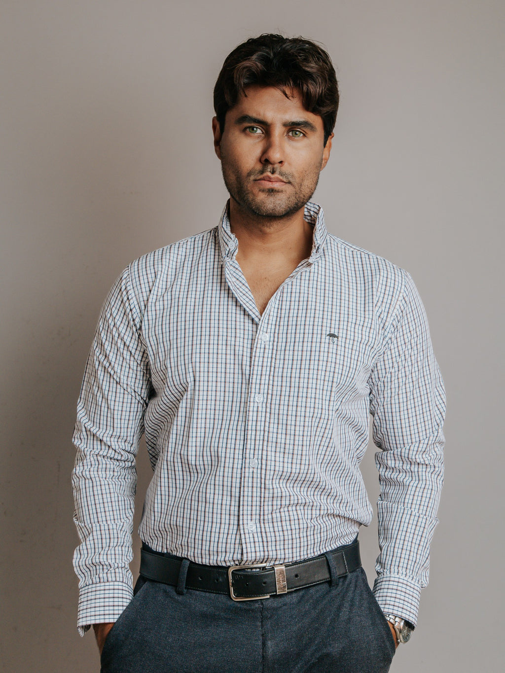 Camisa Hombre Casual Minicuadro Azul Marino y Rojo