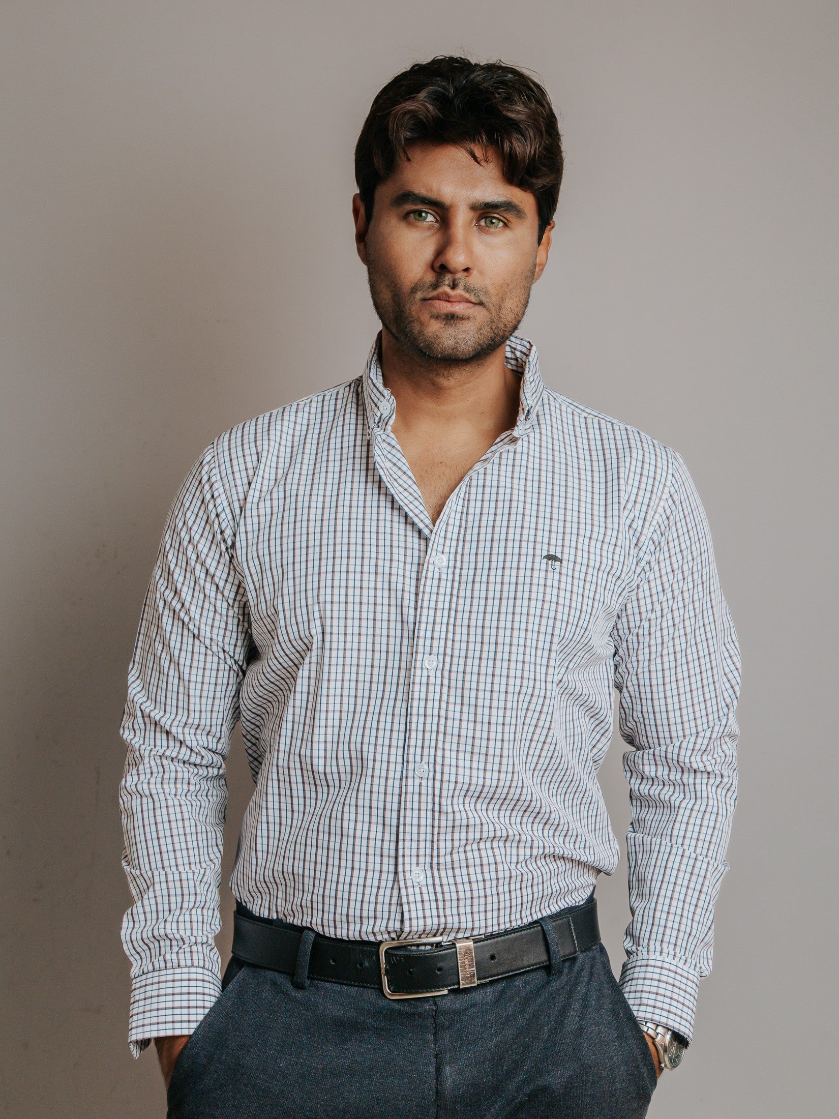 Camisa Hombre Casual Minicuadro Azul Marino y Rojo