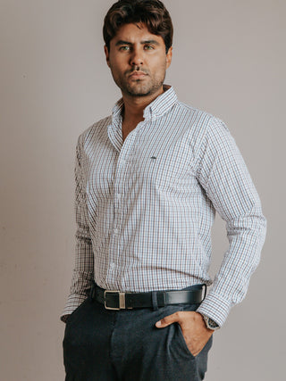 Camisa Hombre Casual Minicuadro Azul Marino y Rojo