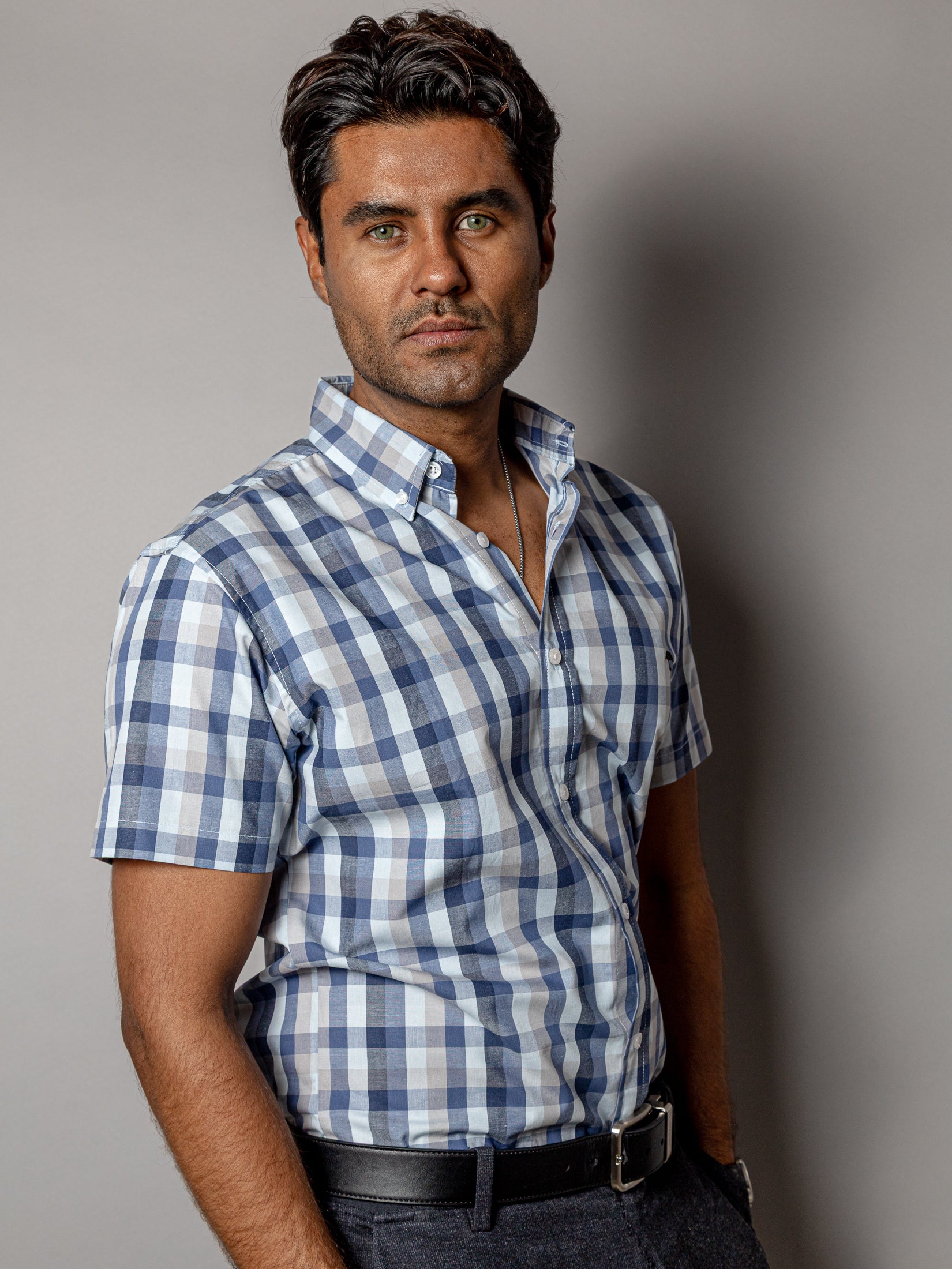 Men's Casual Shirt, Gray, Beige, and White Checkered