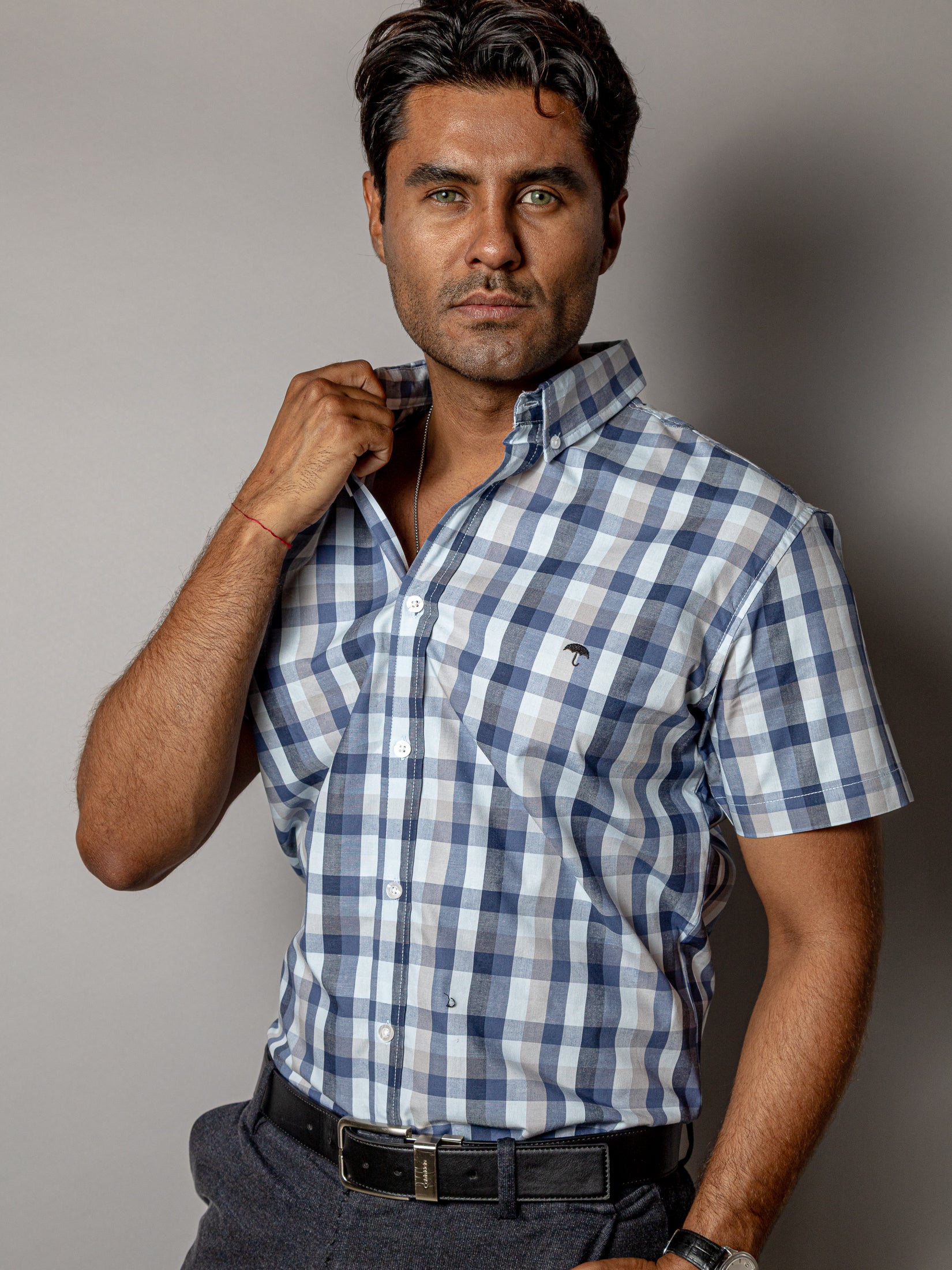 Men's Casual Shirt, Gray, Beige, and White Checkered