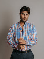 Camisa Hombre Casual Cuadros Naranja y Azul Marino