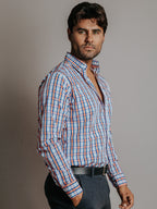 Camisa Hombre Casual Cuadros Naranja y Azul Marino