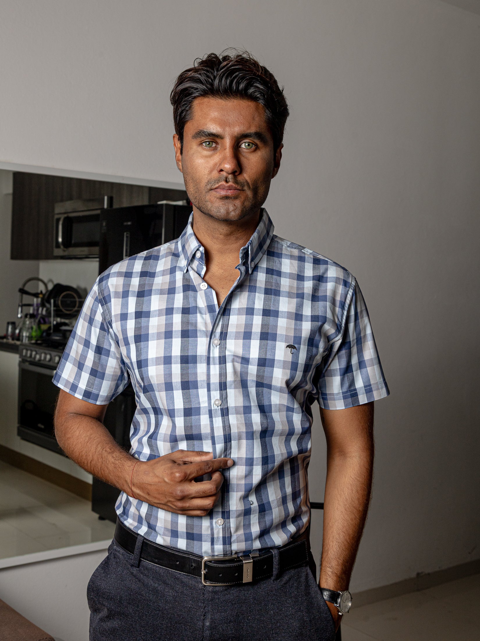 Men's Casual Shirt, Gray, Beige, and White Checkered