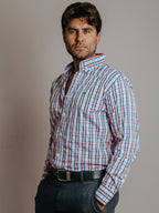 Camisa Hombre Casual Cuadros Naranja y Azul Marino