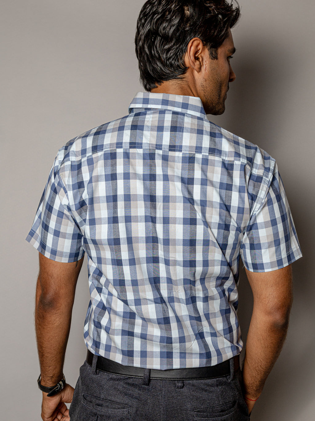 Camisa Casual Hombre, Cuadros Gris, Beige Y Blanco