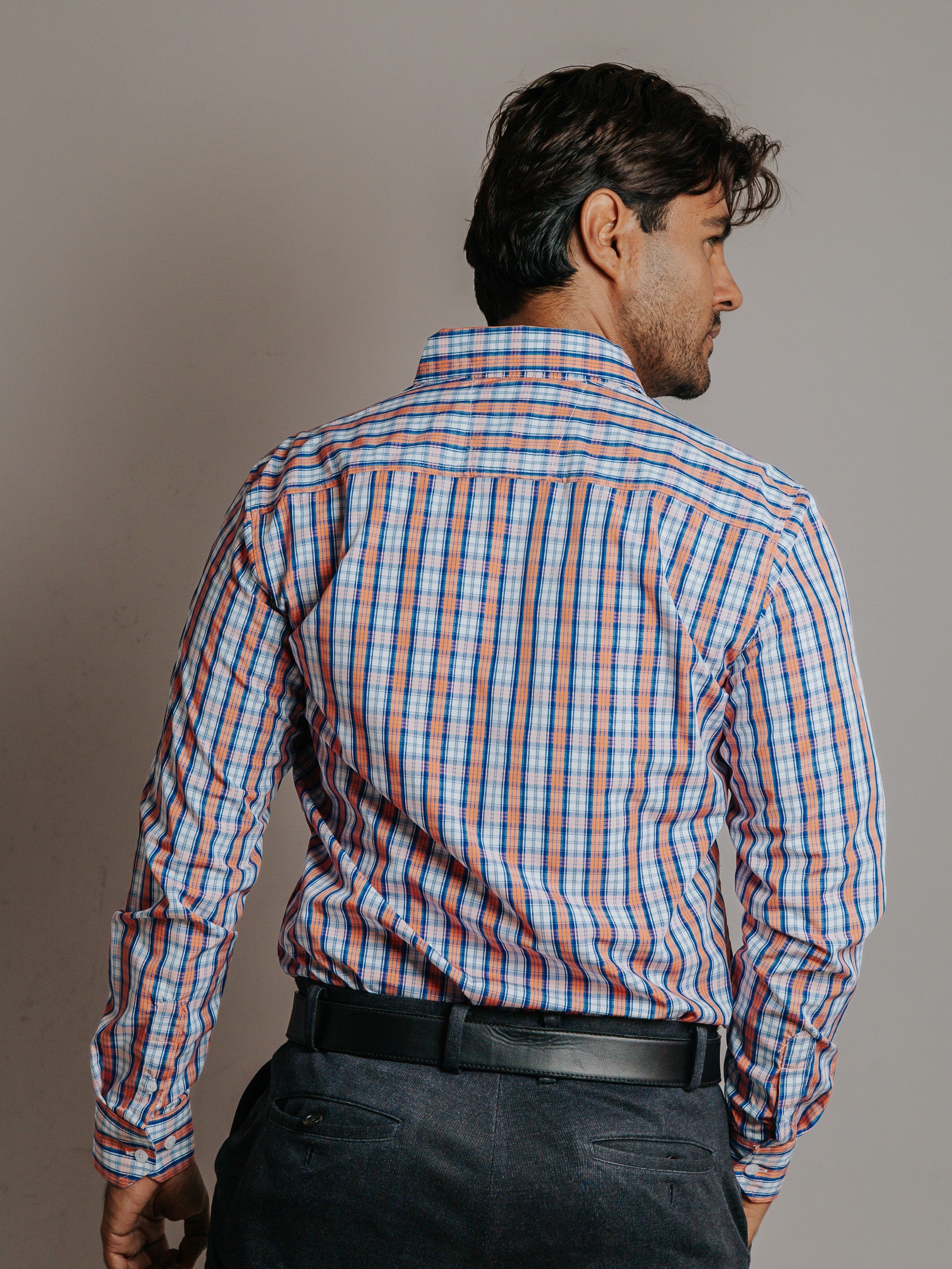 Camisa Hombre Casual Cuadros Naranja y Azul Marino