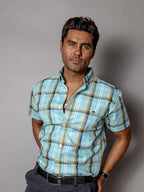 Men's Casual Shirt, Sky Blue with White, Yellow, and Black Lines