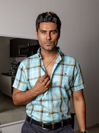 Men's Casual Shirt, Sky Blue with White, Yellow, and Black Lines